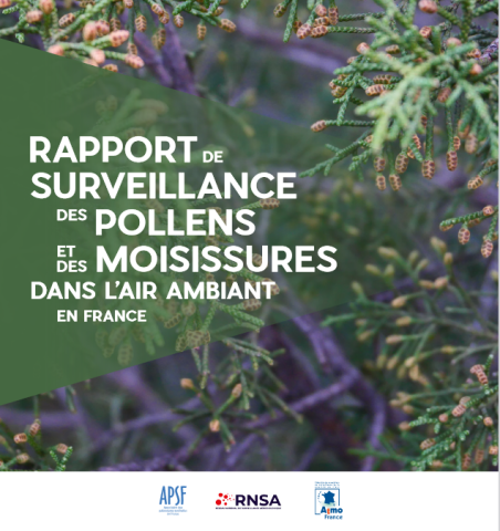Couverture du rapport de surveillance des pollens et moisissures dans l'air ambiant en France en 2023, on voit ce texte écrit, en fond une photo de branches et en bas les logos de l'APSF, du RNSA et de la Fédération Atmo France.