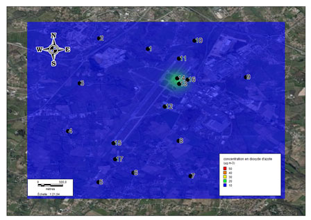 Cartographie des niveaux moyens de dioxyde d’azote enregistrés lors de la campagne de mesure