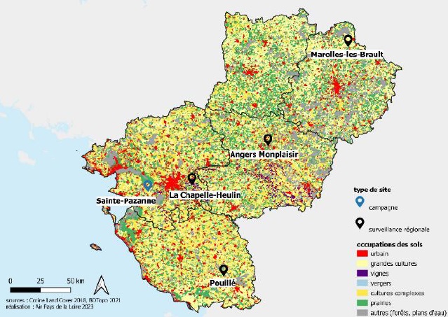 Localisation des sites de mesure dédiés à la surveillance régionale et des mesures à Sainte-Pazanne