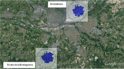 Rose des concentrations moyennes en particules fines PM10 pour la station de mesures cimetière de la Bouteillerie et les mesures automatiques réalisées Route de la Bretagnerie du 3 septembre au 1er octobre 2013