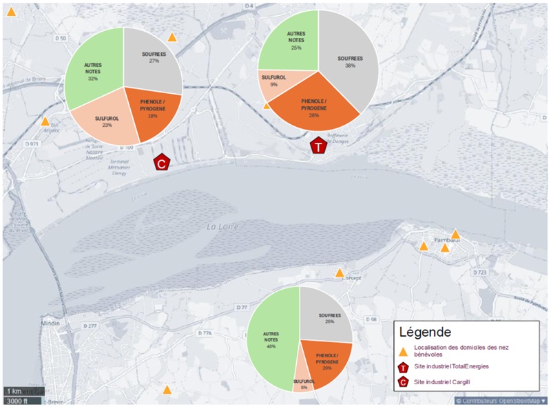 synthèse cartographique de la répartition des notes odorantes par secteur géographique sur la Basse-Loire