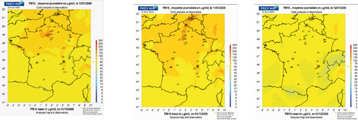 Moyennes journalières en PM10 sur la France du 10 au 12 janvier – source Prévair