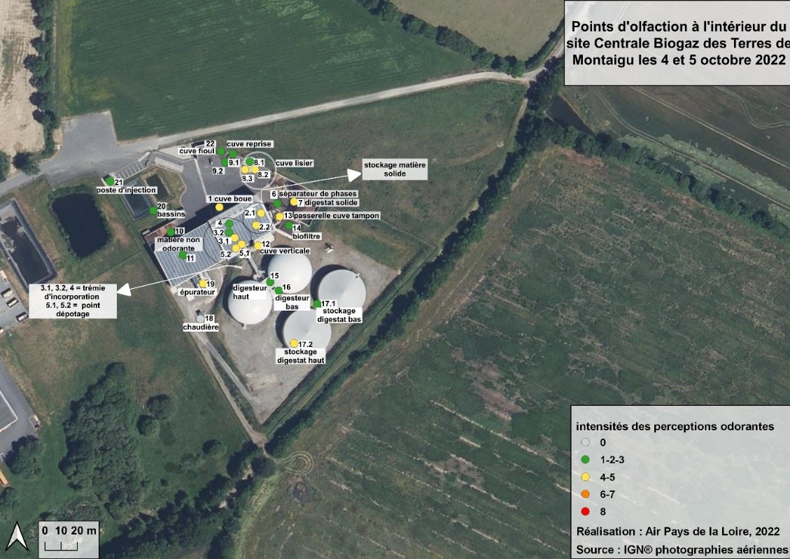 Points d’olfaction à l’intérieur de la Centrale Biogaz des Terres de Montaigu et intensités maximales ressenties