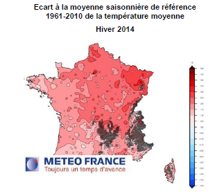 carte de France sur température moyenne hiver 2014