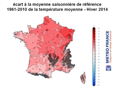 carte de France de la température moyenne - hiver 2014