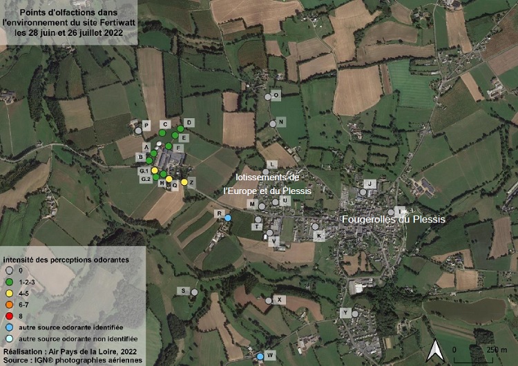 photo aérienne avec les points d’olfaction dans l’environnement de Fertiwatt les 28 juin et 26 juillet 2022