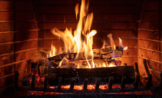 Photo d'un feu de cheminée, on voit l'âtre et les buches en train de flamber.