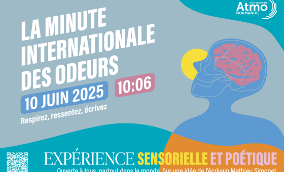Bannière colorée pour la campagne “La Minute Internationale des Odeurs”. À gauche, sur fond bleu clair, le texte principal en lettres capitales blanches : “LA MINUTE INTERNATIONALE DES ODEURS”, suivi en dessous de deux encadrés : l’un bleu avec la date “10 JUIN 2025”, l’autre rose avec l’heure “10:06”. En-dessous, en plus petit : “Respirez, ressentez, écrivez”.  À droite, un dessin stylisé d’un profil humain bleu montrant le cerveau en rose, avec un soleil jaune en arrière-plan.