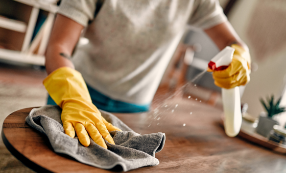 On voit le buste d'une personne, elle a des gants de ménage, un produit ménager dans une main qui pulvérise, et un chiffon dans l'autre main.