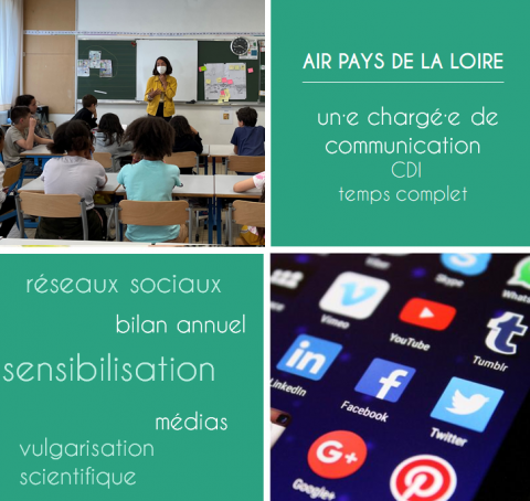 Air Pays de la Loire recrute un ou une chargé·e de communication en CDI à temps complet, photo d'une sensibilisation à la qualité de l'air dans une classe, visuel d'applis réseaux sociaux sur un écran de smartphone.