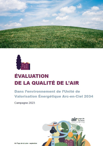 couverture du rapport d'Evaluation de la qualité de l'air autour de l'unité de valorisation énergétique Arc-en-Ciel 2034, campagne 2023 avec photo d'herbe et de ciel