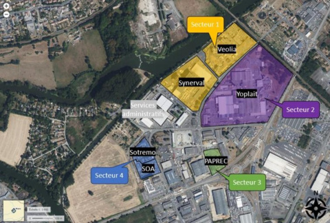 carte des 23 points olfactifs effectués à l’intérieur des périmètres industriels potentiellement odorants, regroupés en 4 secteurs