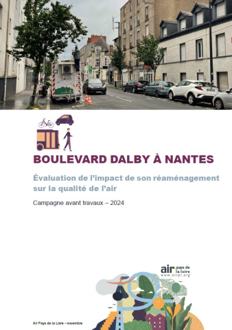 couv du rapport d'évaluation 2024 de l’impact du réaménagement du Boulevard Dalby à Nantes sur la qualité de l’air avant travaux avec photo du Bd Dalby et de notre remorque