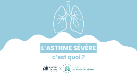 Cette image montre une illustration de poumons sur fond bleu et porte le titre : "l'asthme sévère, c'est quoi?" 