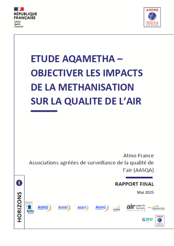 Couverture du rapport Aqametha, avec les logos de l'ADEME, d'Atmo France et des AASQA ayant contribué au rapport