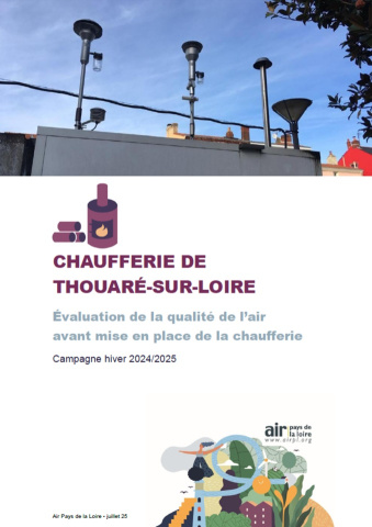 couv du rapport d'évaluation de la QA avant mise en service de la chaufferie biomasse de Thouaré-sur-Loire, campagne hiver 2024-2025 avec photos des appareils de mesure sur station