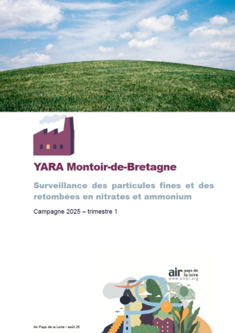 couv du rapport de la campagne 2025 de YARA à Montoir-de-Bretagne sur la surveillance des particules fines et des retombées en nitrates et ammonium avec photo d'herbe et ciel