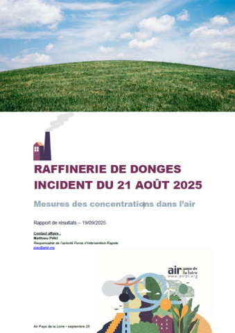 couv du rapport de résultats des mesures des concentrations dans l’air, Raffinerie de Donges, incident du 21/08/2025 avec illustration d'herbe et de ciel