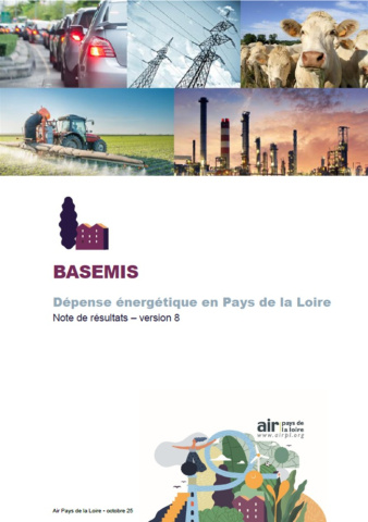 couv de la note de résultats sur la dépense énergétique en Pays de la Loire avec diverses photos en vignette (voitures, fils électriques, vaches, tracteur dans champ et usine)