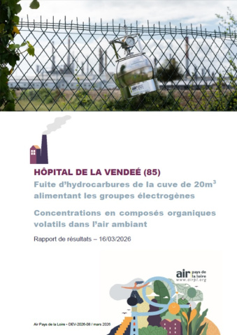 couv du rapport de résultats des concentrations en COV dans l'air ambiant suite fuite cuve à l'hôpital de la Vendée avec photo d'un canister posé sur un grillage