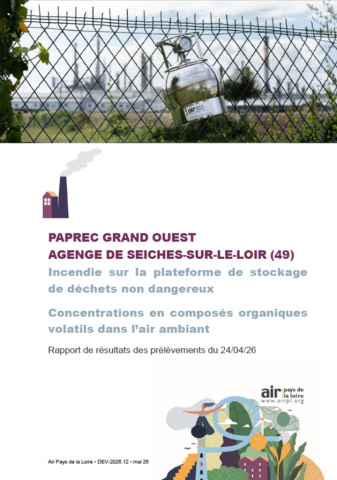 couv rapport de résultats des concentrations en COV dans l'air à PAPREC suite incendie avec image de canister