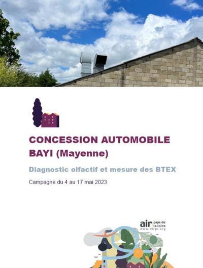 couverture rapport du diagnostic olfactif et mesure des BTEX à la concession auto BAYI à Mayenne avec photo du toit