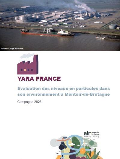 couv rapport sur l'évaluation des niveaux en particules dans l’environnement de Yara France à Montoir-de-Bretagne, campagne 2023 avec photo de l'usine YARA