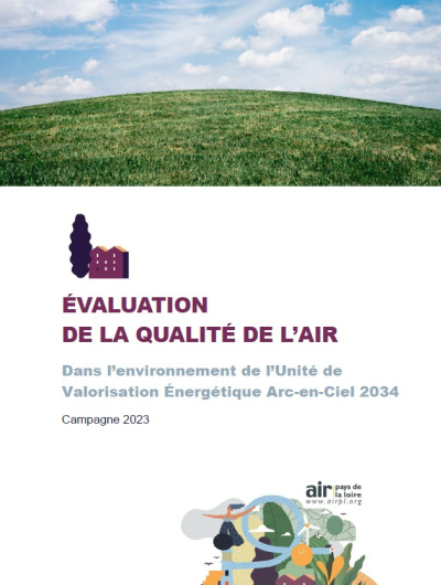 couverture du rapport d'Evaluation de la qualité de l'air autour de l'unité de valorisation énergétique Arc-en-Ciel 2034, campagne 2023 avec photo d'herbe et de ciel