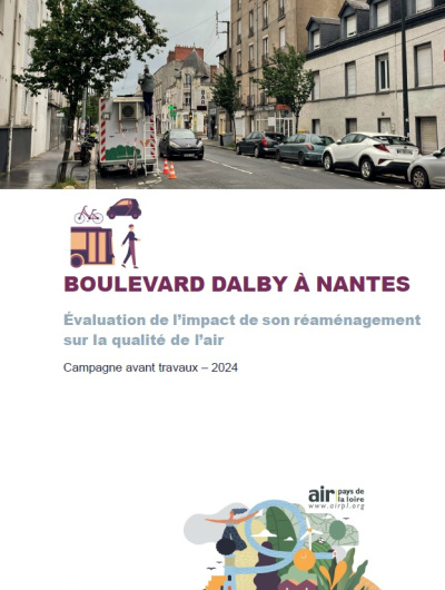 couv du rapport d'évaluation 2024 de l’impact du réaménagement du Boulevard Dalby à Nantes sur la qualité de l’air avant travaux avec photo du Bd Dalby et de notre remorque