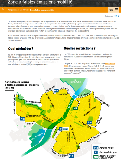 Image de la page web du site d'Angers Loire Métropole consacré à la Zone à faibles émissions mobilité