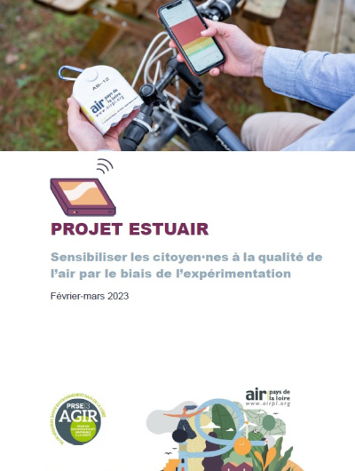 couv de la synthèse du projet Estuair avec une photo en gros plan sur les mains d'un cycliste tenant d'un côté un tel et de l'autre un microcapteur