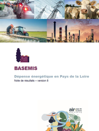 couv de la note de résultats sur la dépense énergétique en Pays de la Loire avec diverses photos en vignette (voitures, fils électriques, vaches, tracteur dans champ et usine)