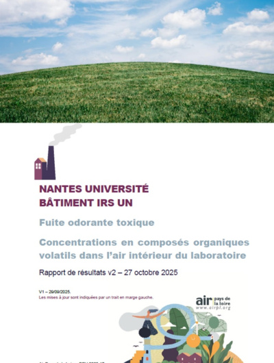 couv rapport de résultats des concentrations en COV dans l'air intérieur du laboratoire à Nantes Université suite fuite odorante toxique avec image d'herbe et de ciel