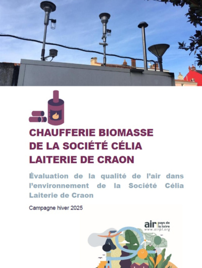 couv du rapport d'évaluation de la QA de la chaufferie biomasse dans l'env. de la Sté Célia Laiterie de Craon, campagne hiver 2025 avec image d'appareils de mesure sur le toit de la station