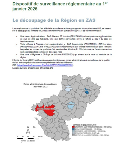 couv du document relatif au dispositif de surveillance réglementaire au 1er janvier 2026 avec texte et carte des Pays de la Loire