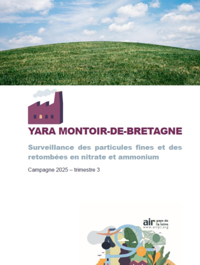 couv du rapport de surveillance des particules fines et des retombées en nitrate et ammonium dans l'environnement de Yara au 3e trimestre 2025 avec illustration d'herbe et de ciel